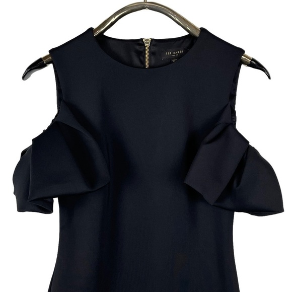 TED BAKER LONDON SALNIE BLACK COLD SHOULDER RUFFLE SHEATH COCKTAIL DRESS - Picture 7 of 16